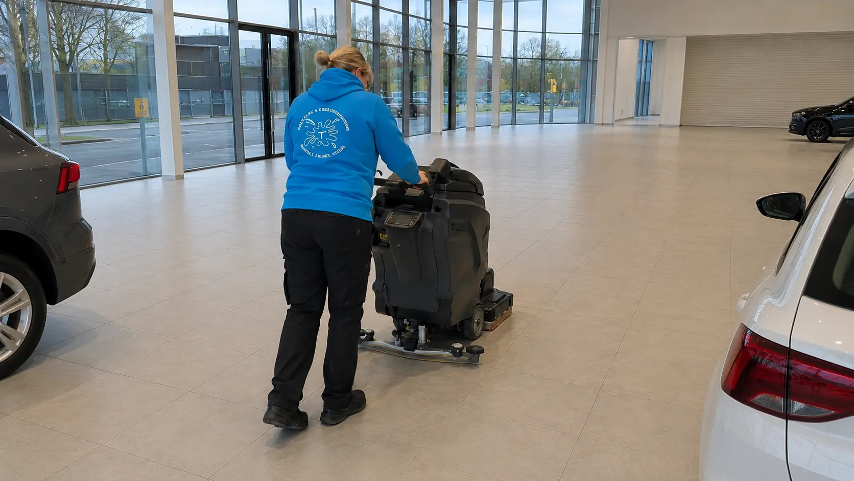 Mitarbeiterin reinigt den Showroomboden eines Autohauses in Bamberg