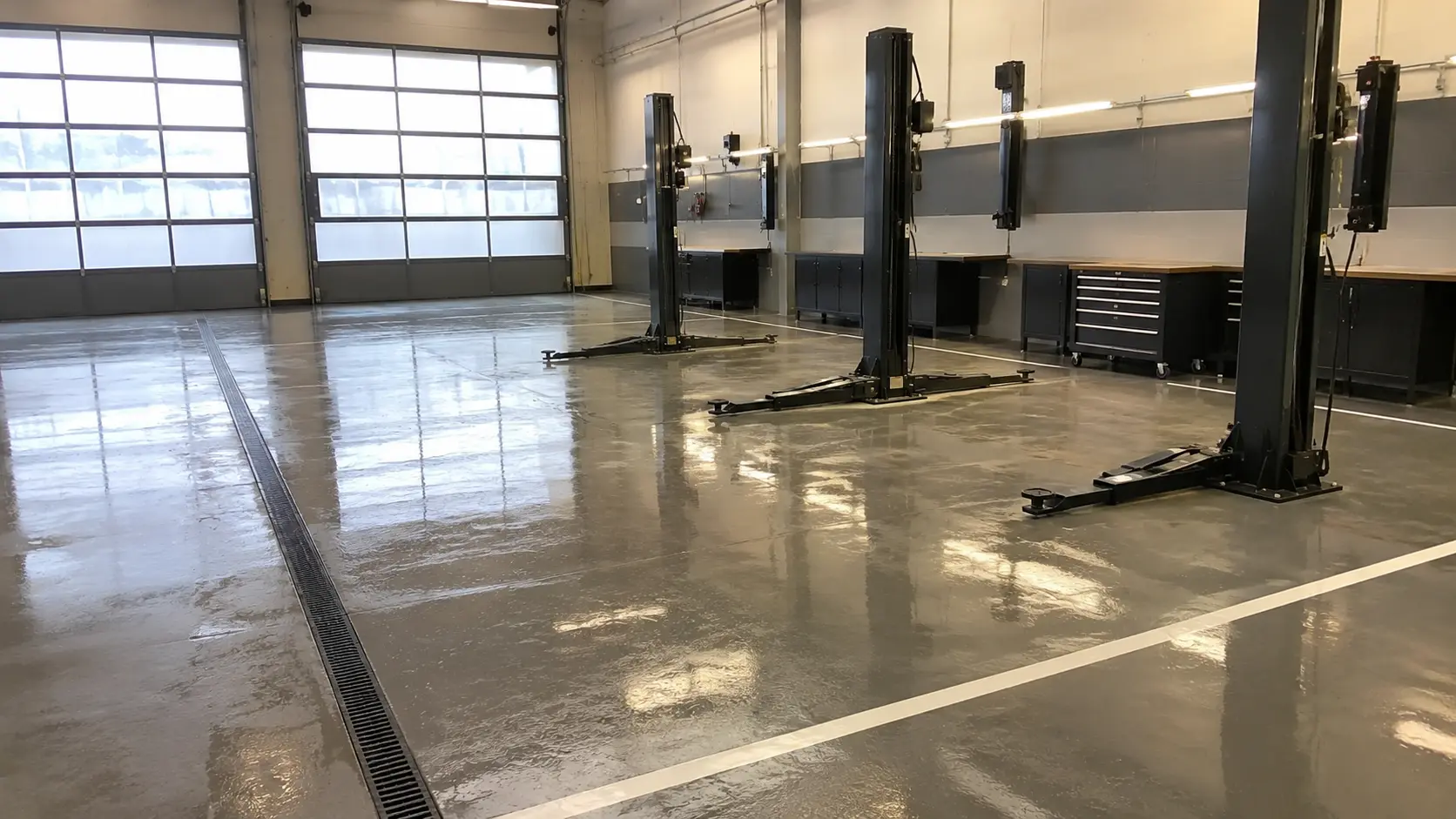 Sauberer Werkstattboden mit Hebebühnen in einem Autohaus in Bamberg