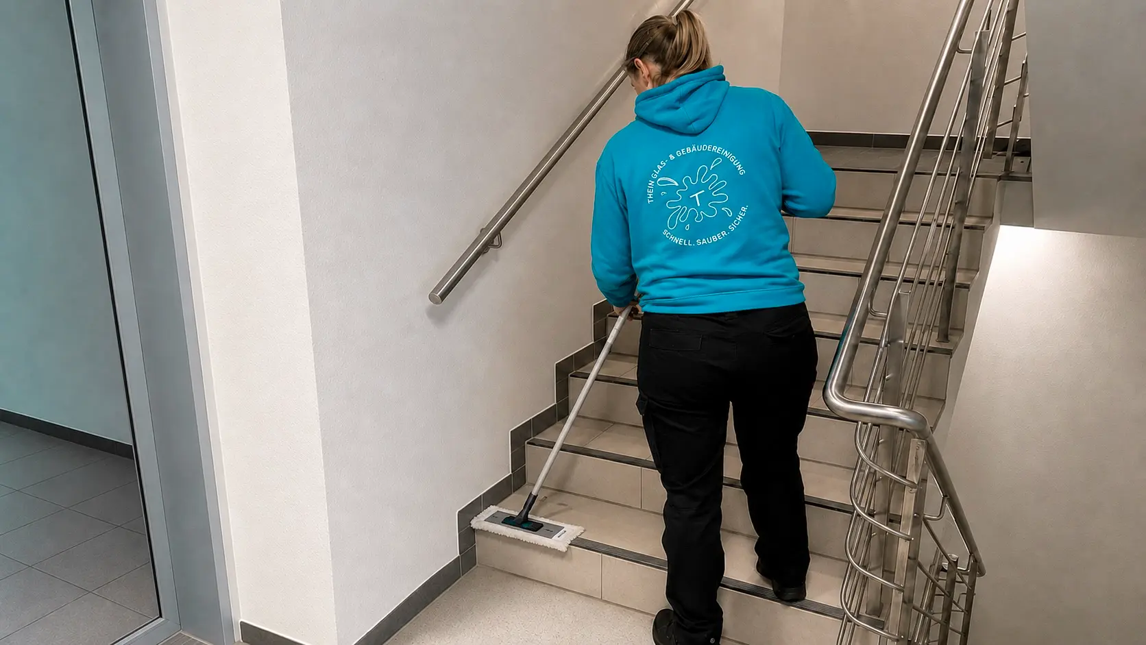 Mitarbeiterin reinigt ein Treppenhaus in Bamberg